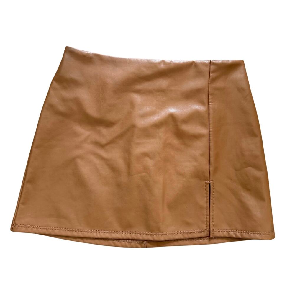 Altar’d State (S) Camel Brown Faux Leather Mini Skirt Front Slit Y2K